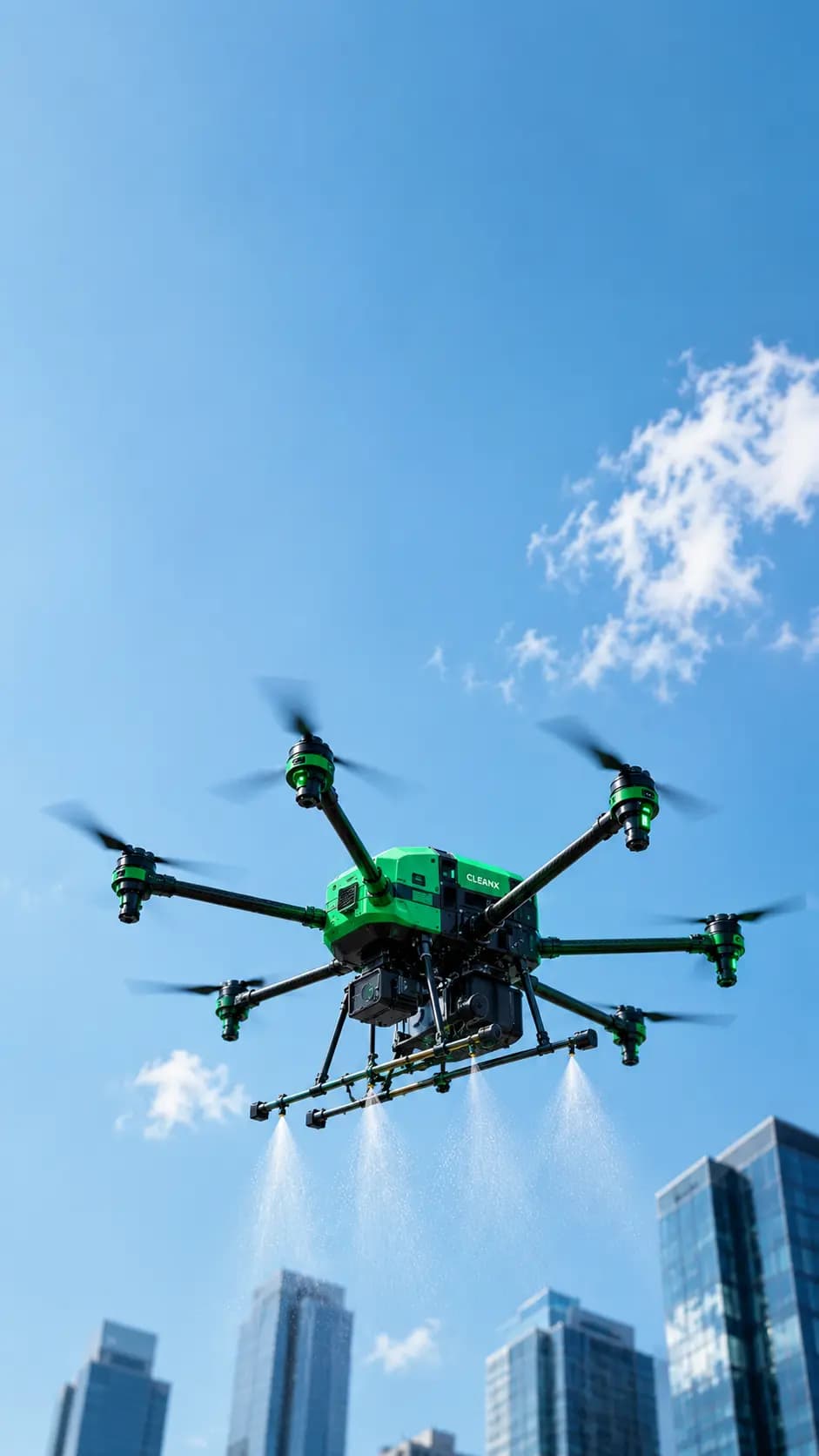 Dron industrial FlyClean pulverizando agua sobre una fachada en altura
